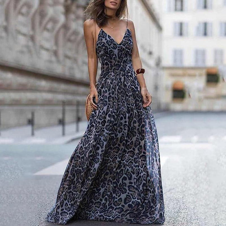 Plus Size Leopard V-Neck Chiffon Maxi Dress - MomyMall BLUE / S