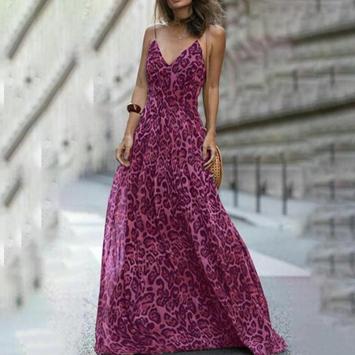 Plus Size Leopard V-Neck Chiffon Maxi Dress - MomyMall PINK / S