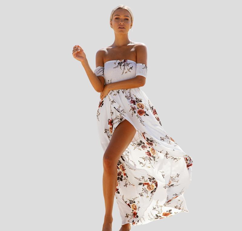 Off Shoulder Boho Floral Midi Dress - MomyMall WHITE / 2XS