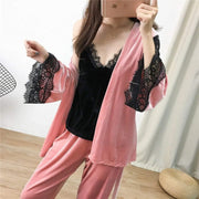 3 Piece Pyjama Set - Velvet Lace Trim With Robe - MomyMall PINK / S