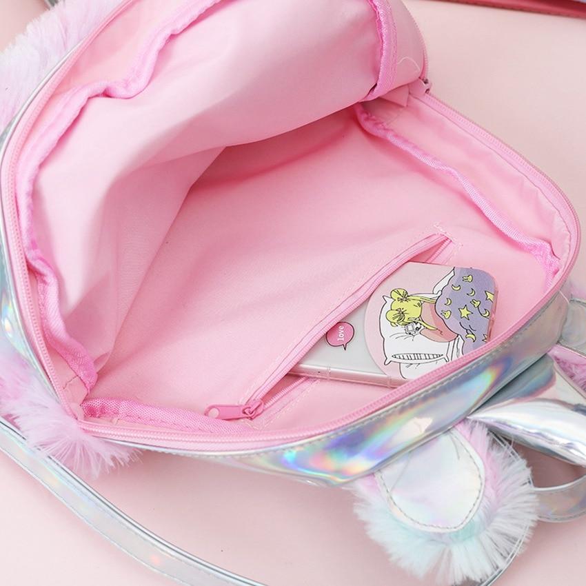 Fashion Colorful Girls Cute PU Laserl Bag Unicorn Plush Backpack - MomyMall