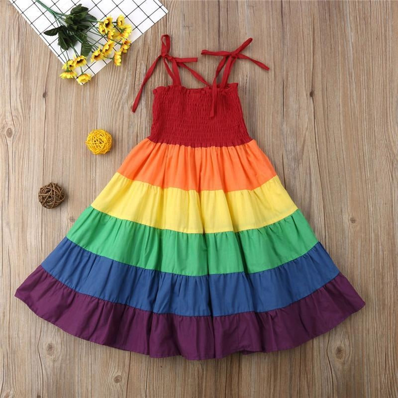 Kids Girl Dress Rainbow Cotton Strap Party Pageant Dresses 2-7Y