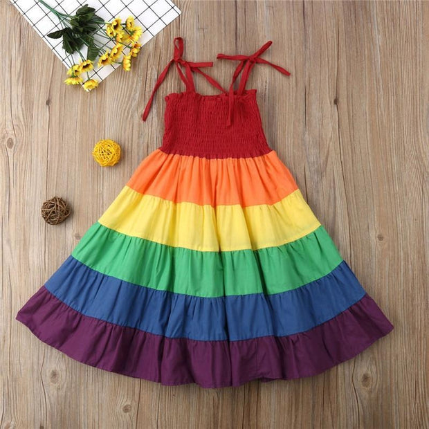 Kinder Mädchen Kleid Regenbogen Baumwolle Träger Party Festzug Kleider 2-7Y