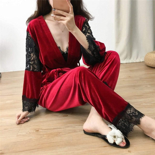 3 Piece Pyjama Set - Velvet Lace Trim With Robe - MomyMall RED / S