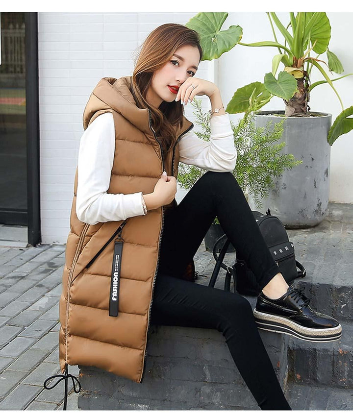 Hooded Mid-Thigh Puffer Gilet With Zip Pockets