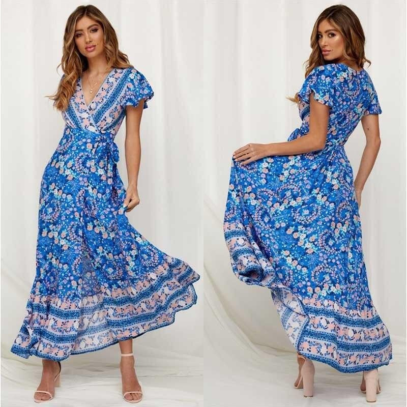 Short Sleeve Sweet Floral Print Boho Maxi Dress - V-Neck Wrap Dress - MomyMall