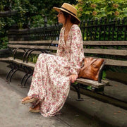 Ruffle Hem V-Neck Floral Boho Maxi Dress With Long Sleeves - MomyMall