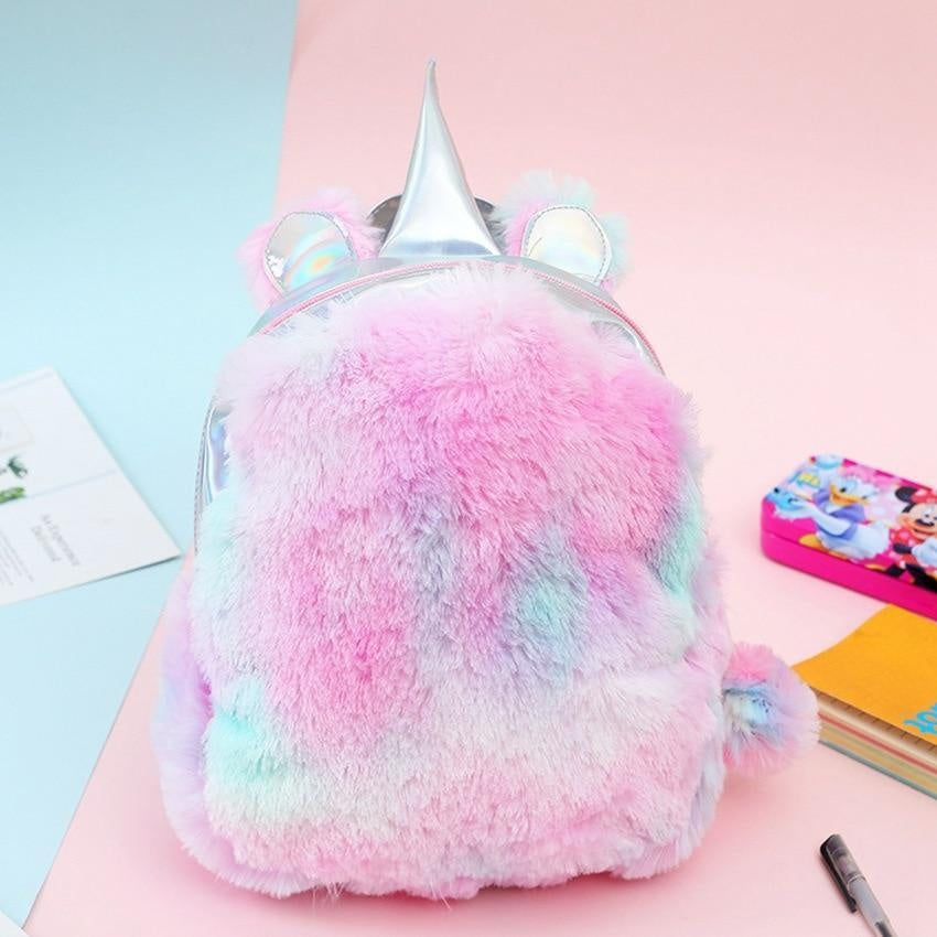 Fashion Colorful Girls Cute PU Laserl Bag Unicorn Plush Backpack - MomyMall Pink