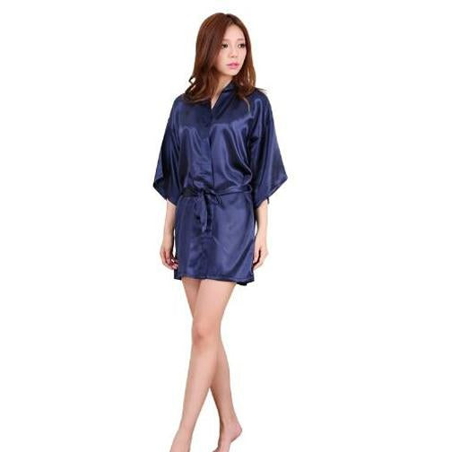 Faux Silk Short Sleeve Mini Robe - Plus Size Robe - MomyMall DARK BLUE / S