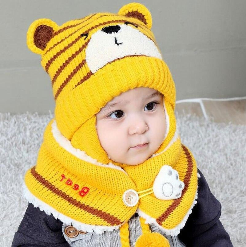 Unisex Kids Cartoon Bear Stripe Hats And Scarf Set Winter Warm Suit - MomyMall