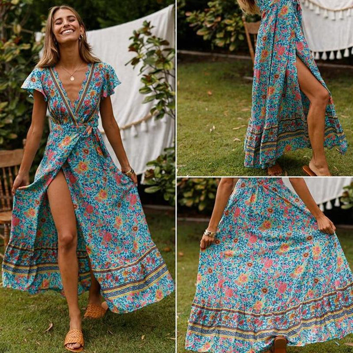Short Sleeve Sweet Floral Print Boho Maxi Dress - V-Neck Wrap Dress - MomyMall
