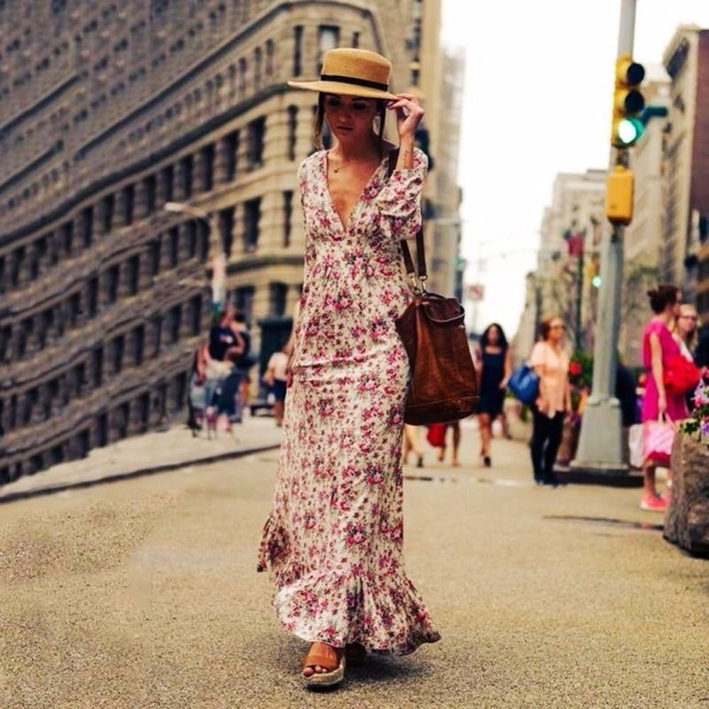 Ruffle Hem V-Neck Floral Boho Maxi Dress With Long Sleeves - MomyMall