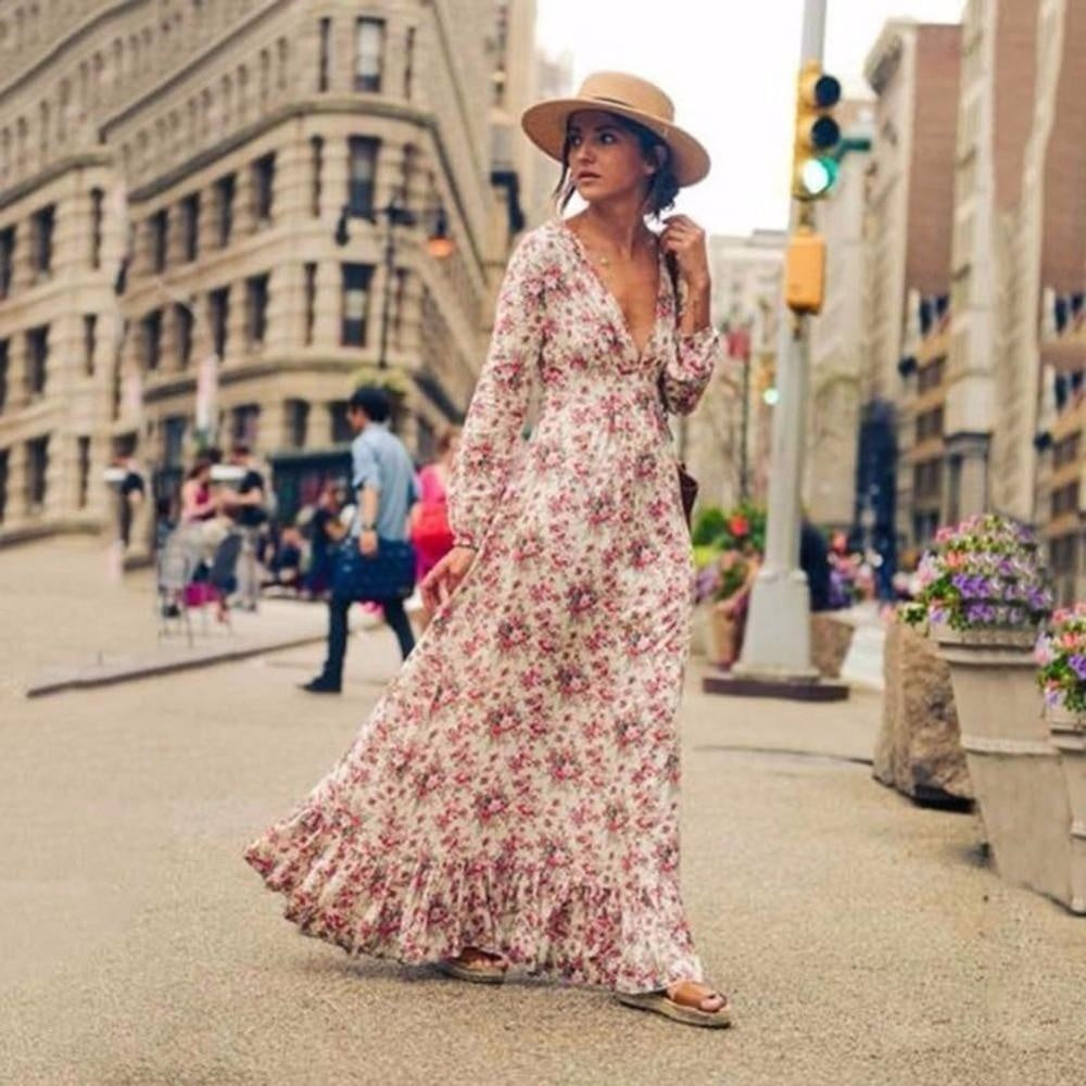 Ruffle Hem V-Neck Floral Boho Maxi Dress With Long Sleeves - MomyMall