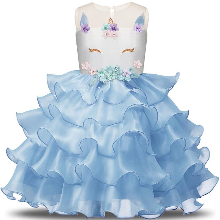 Girls Dress Elegant Unicorn Wedding Birthday Carnival Party Dresses 3-8T - MomyMall blue / 2-3 Years