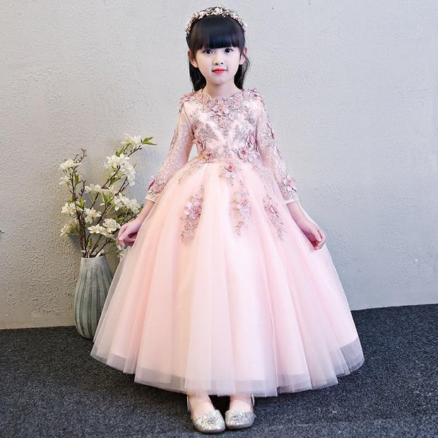 Girl Elegant Pink Tulle Flower Wedding Appliques Princess Party Prom Dress - MomyMall