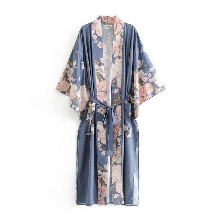 Floral Printed Midi Kimono With Tie Waist - MomyMall