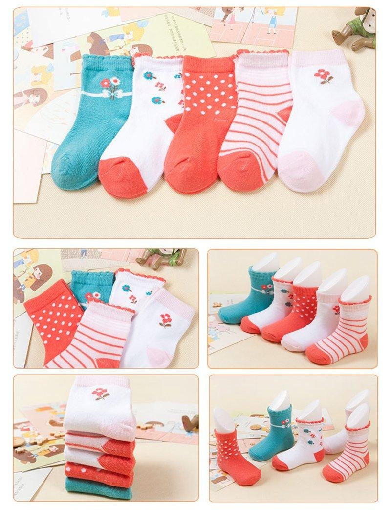 Kids Girl Stripes Socks Soft Cotton Cute Cartoon 5 Pairs 0-5 Years