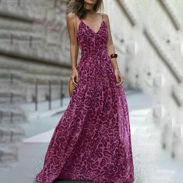 Plus Size Leopard V-Neck Chiffon Maxi Dress - MomyMall
