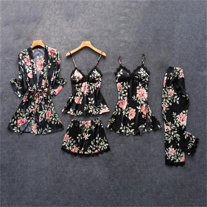 Floral Pyjama Set - Satin Lace Trim - 5 Pieces - MomyMall BLACK / M
