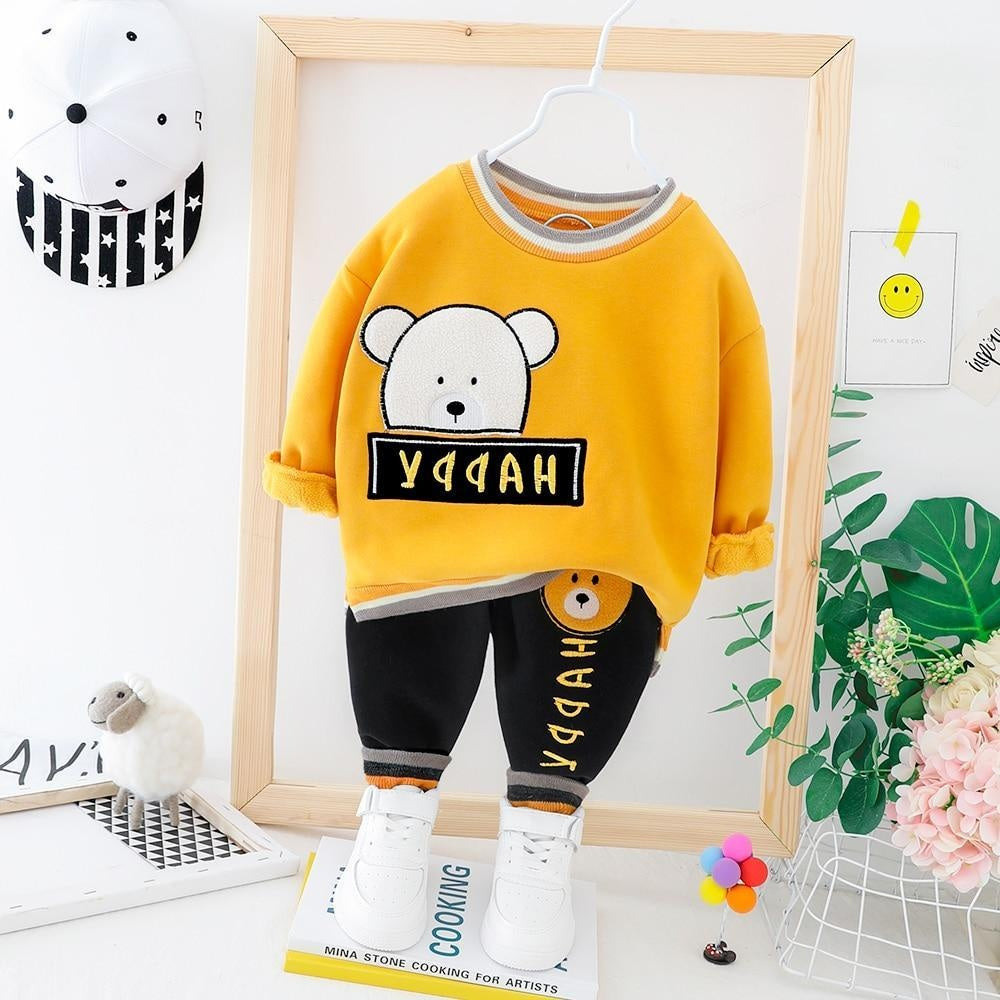 Boys Sets Winter Cartoon Bear Plush Tops Bottoms 2 Pcs 0-3 Years - MomyMall Yellow / 6-12Months