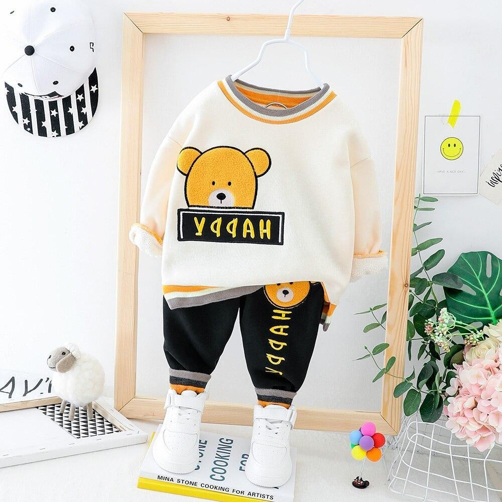 Boys Sets Winter Cartoon Bear Plush Tops Bottoms 2 Pcs 0-3 Years - MomyMall White / 6-12Months