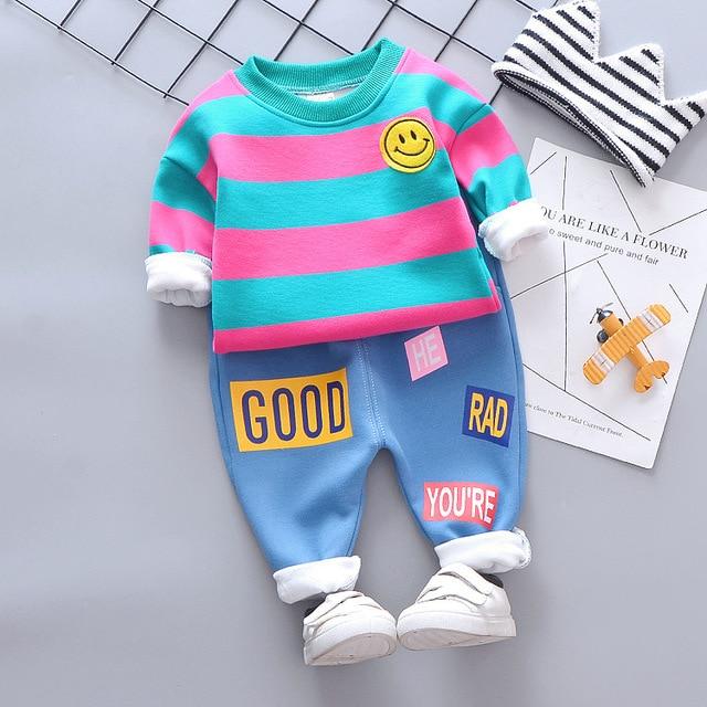 Baby Girl Boy Autumn Warm Suits Plush Stripe Smiley Face Tops+Pants 2 Pcs - MomyMall Rose Red / 3-6 Months