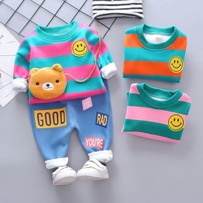 Baby Girl Boy Autumn Warm Suits Plush Stripe Smiley Face Tops+Pants 2 Pcs - MomyMall