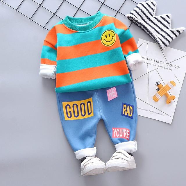 Baby Girl Boy Autumn Warm Suits Plush Stripe Smiley Face Tops+Pants 2 Pcs - MomyMall Orange / 3-6 Months