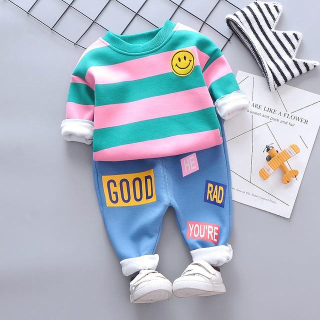 Baby Girl Boy Autumn Warm Suits Plush Stripe Smiley Face Tops+Pants 2 Pcs - MomyMall Pink / 3-6 Months