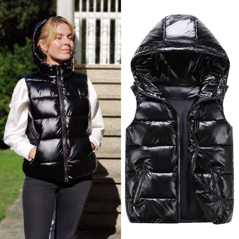 High Shine Puffer Gilet With Hood