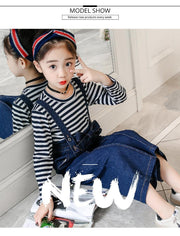 Girls Denim Bib Pants +Plaid Tops 2 Pcs Suits 3-16 Years