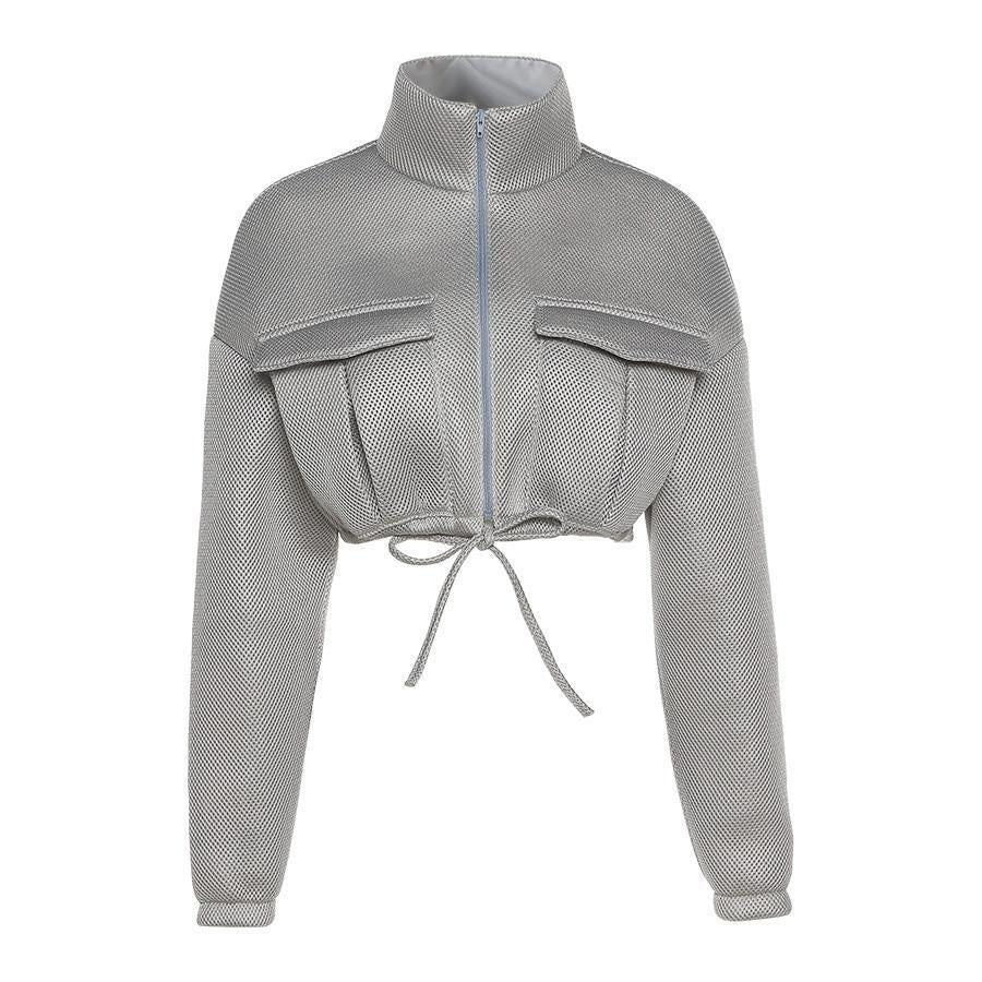 Turtleneck Drawstring Zip Crop Jacket - Utility Puffer Jacket