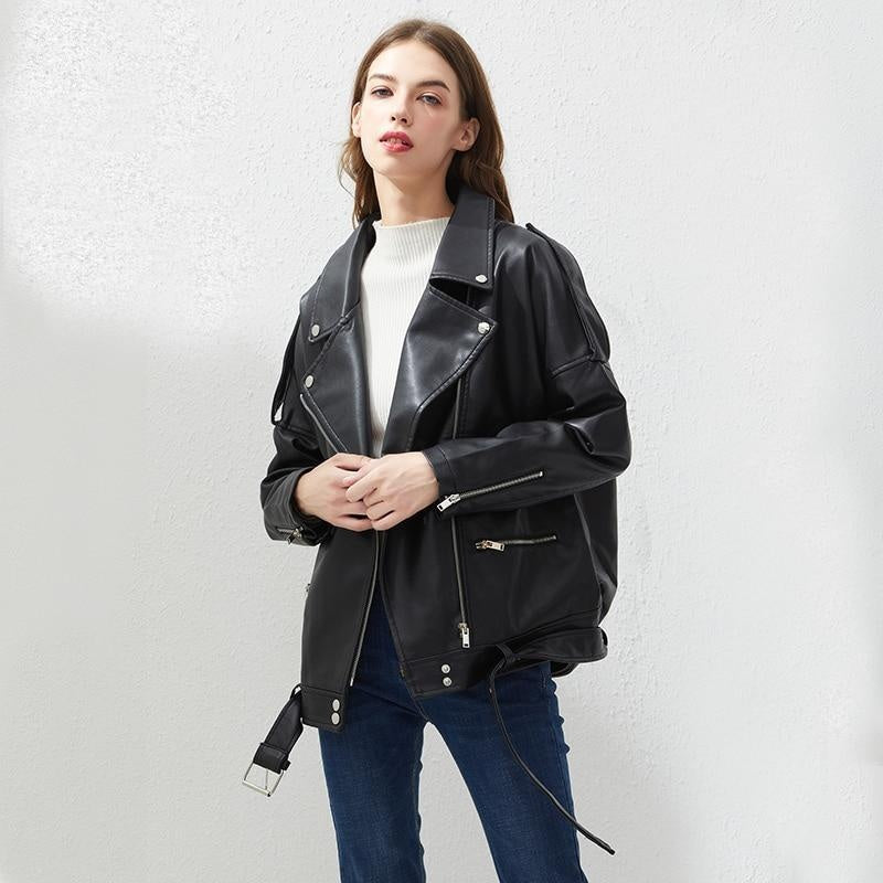 Faux Leather Oversized Biker Jacket With Belt