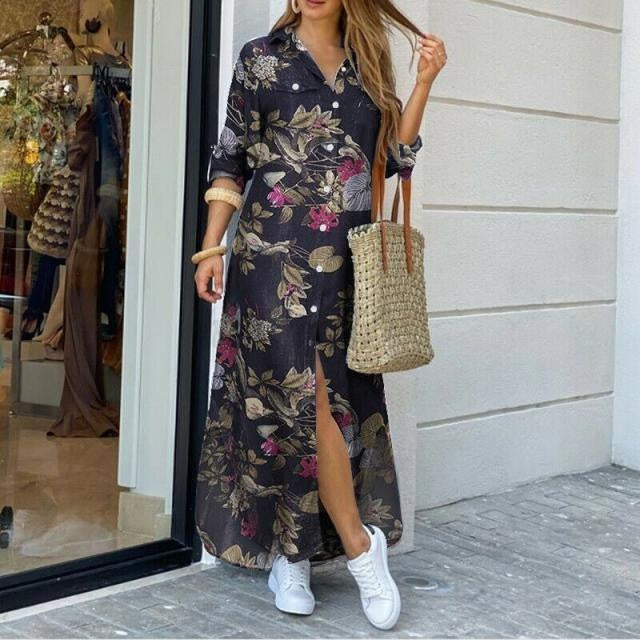 Floral Print Long Sleeve Plus Size Maxi Shirt Dress - MomyMall BLACK / S