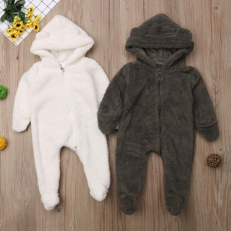 Newborn Baby Winter Solid Color Soft Warm Fuzzy Hooded Romper Jumpsuit - MomyMall