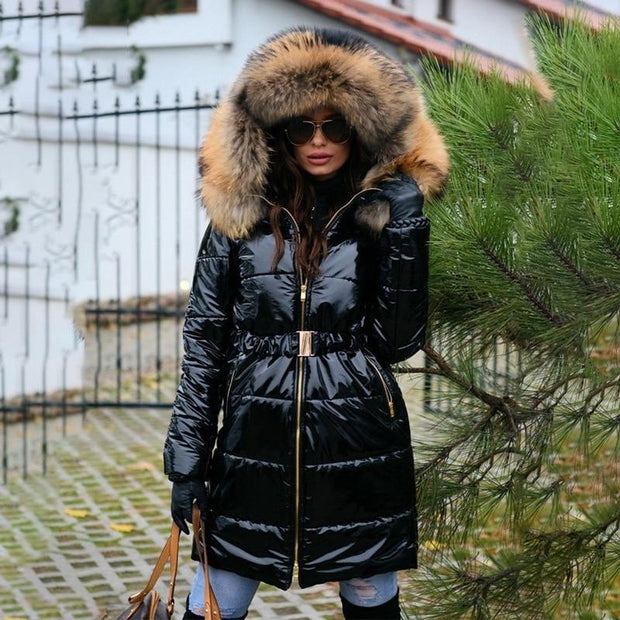 Glossy Plus Size Belted Puffer Coat With Faux Fur Hood