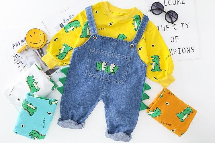 Boys Clothes Sets Dinosaur Printed Top + Denim Overalls 2Pcs Suits for 1-4 Years - MomyMall