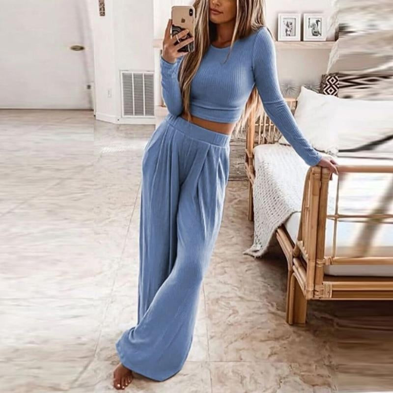 Ribbed Knit Two Piece Loungewear Set - MomyMall BLUE / S