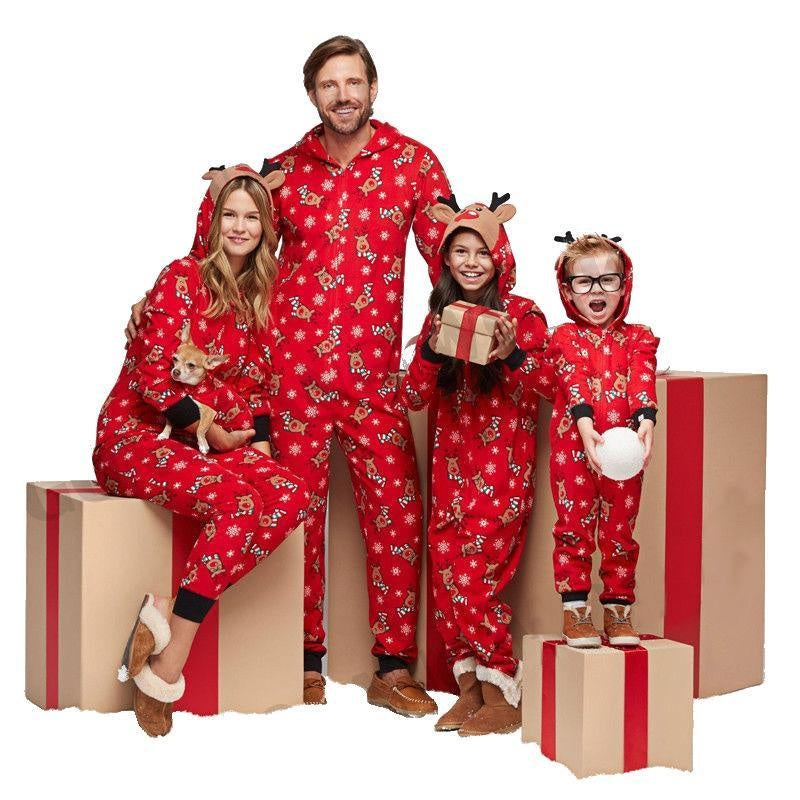 Family Christmas Pajamas Fashion Cute Hooded Jumpsuit Sleepwear Outfits - MomyMall