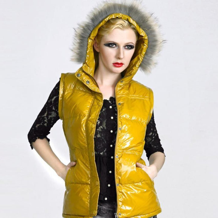 Glossy Faux Fur Hooded Coat With Detachable Sleeves