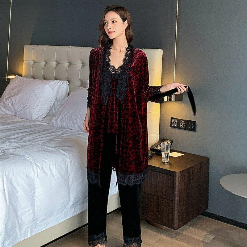 Velvet Leopard Print Pyjama Set - 3 Piece Robe Set