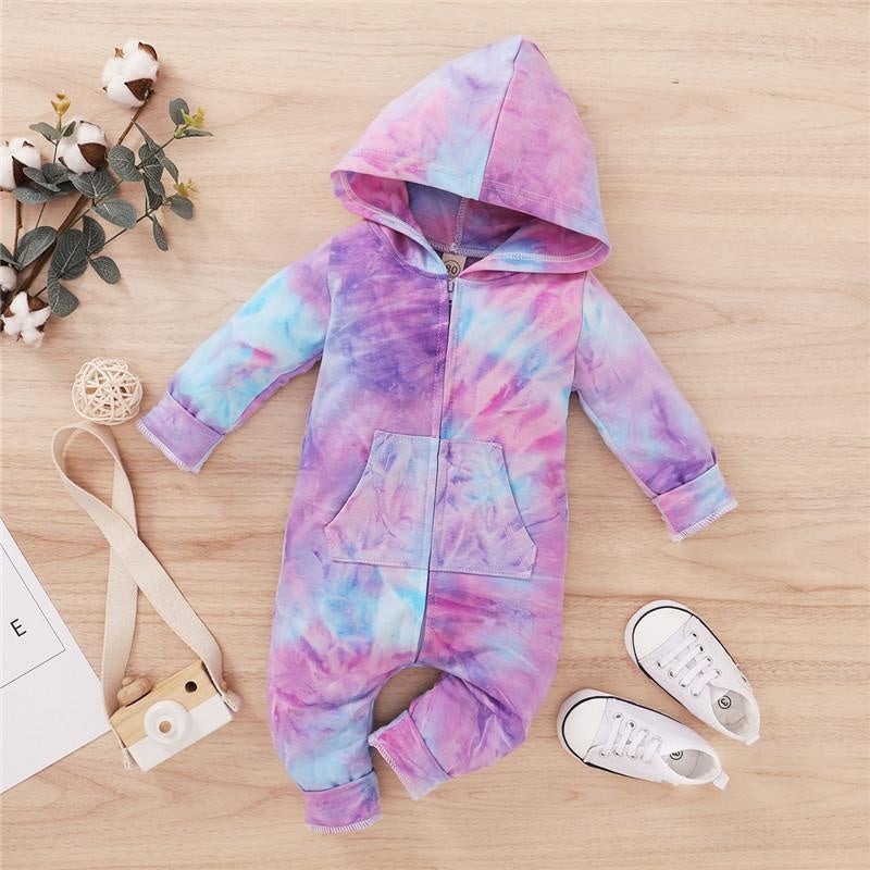 Infant Baby Kid Tie Dyeing Long Sleeve Hooded Zipper Romper - MomyMall