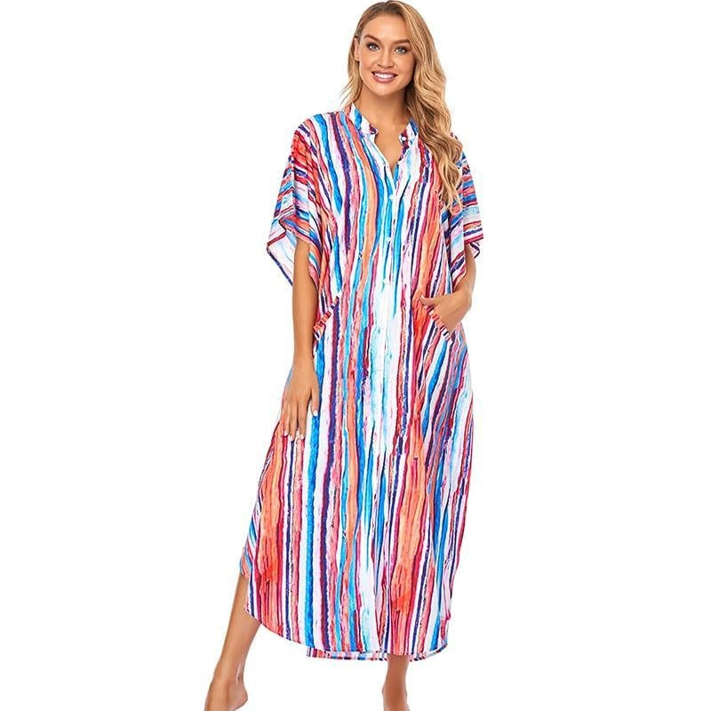 Striped Button Up Split Kaftan Maxi Dress - MomyMall LIGHT BLUE / ONE SIZE