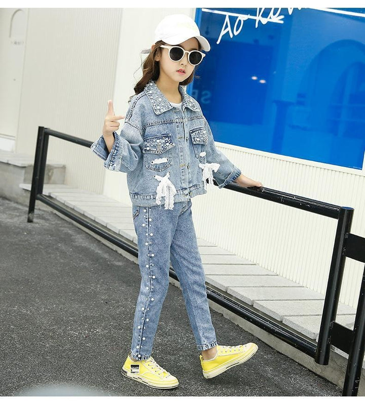 Girl Clothes Casual Korean Style Autumn Jeans Denim Suit Outfits 2 Pcs 4-14 Years - MomyMall