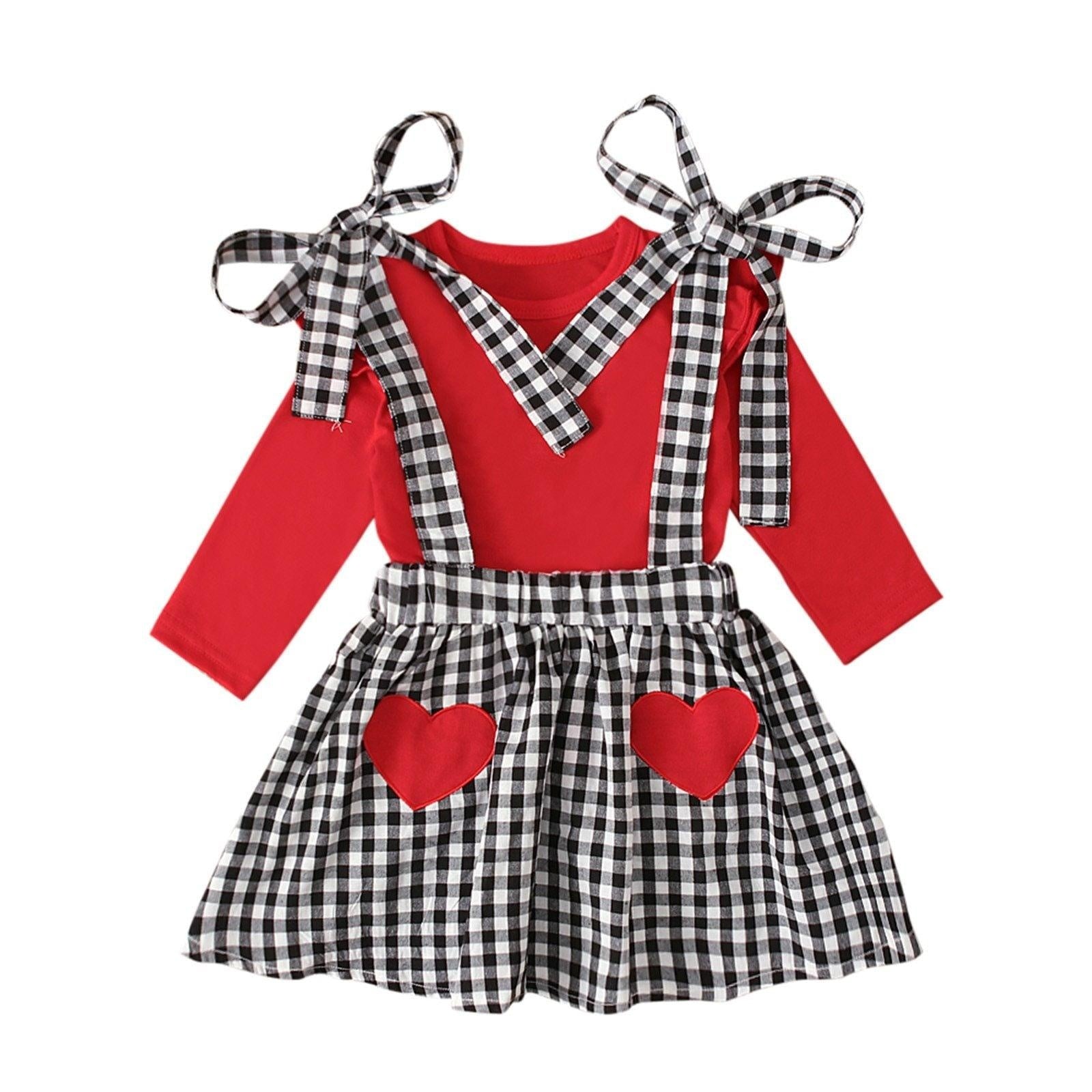 Baby Girls Valentine Ruffle Tops+Suspender Heart Plaid Skirts 2pcs - MomyMall