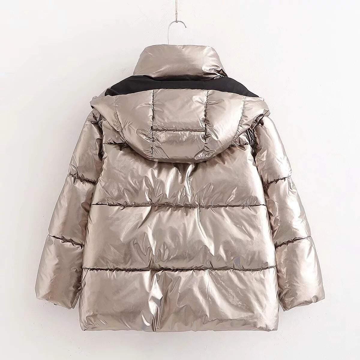 Hooded Metallic Puffer Jacket With Zipper Detailing & Pockets