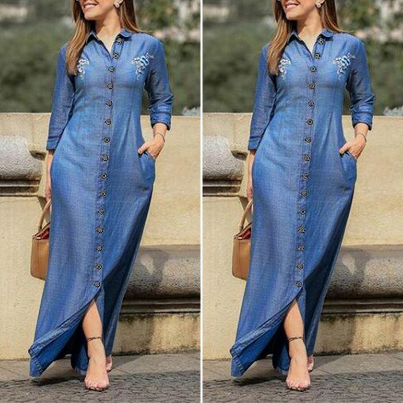 Long Sleeve Oversized Button Through Dress - Vintage Denim Shirt Dress - MomyMall