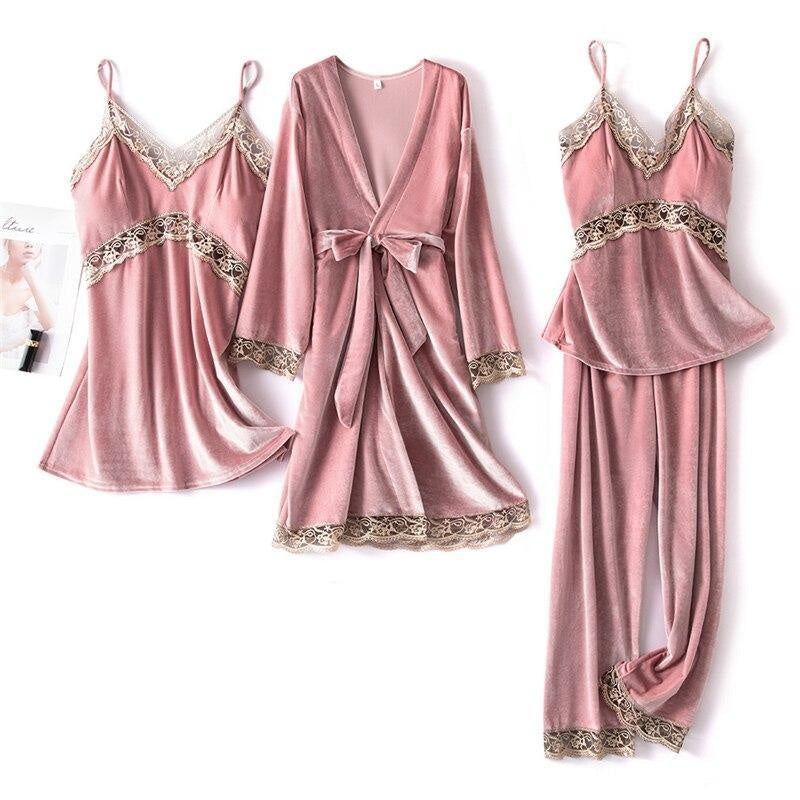 4 Piece Velvet Pyjama Set With Lace Trim - MomyMall PINK / S