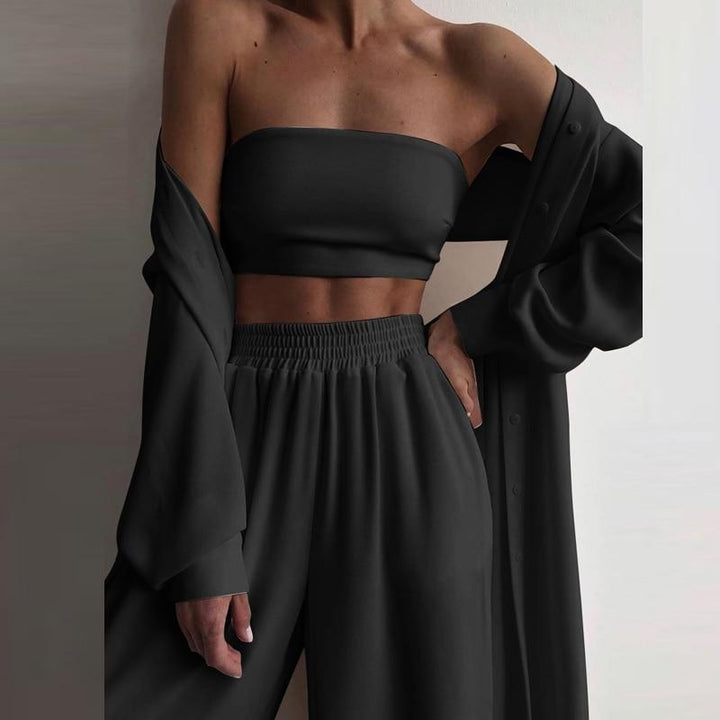 3 Piece Oversized Loungewear Set - Strapless Crop Top & Trousers Co Ord - MomyMall BLACK / S