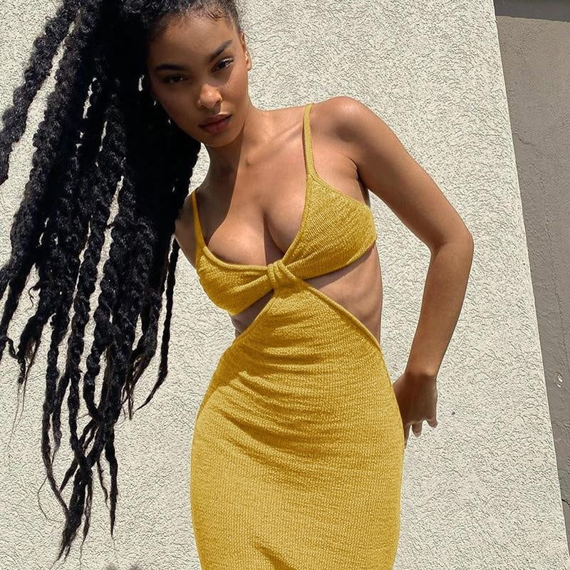 Cut Out Bodycon Maxi Dress - Backless Cut Out Dress - MomyMall YELLOW / S